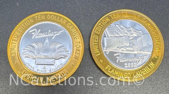 2 Limited Edition Flamingo .999 Fine Silver $10 Gaming Token Coin 74 Grams