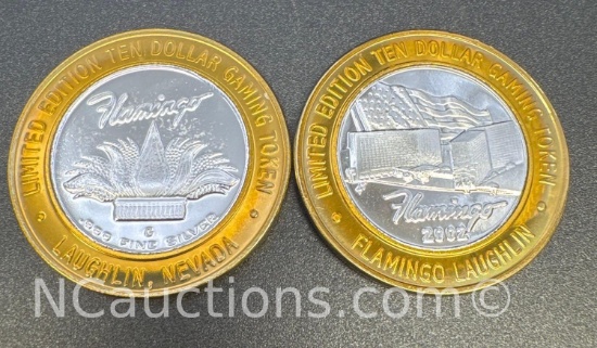 2 Limited Edition Flamingo .999 Fine Silver $10 Gaming Token Coin 75 Grams