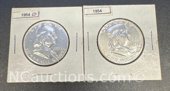2 1954 Franklin 90% Silver Half Dollars 30 Grams