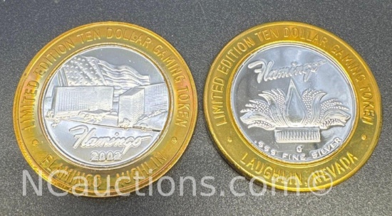 2 Limited Edition Flamingo .999 Fine Silver $10 Gaming Token Coin 74 Grams