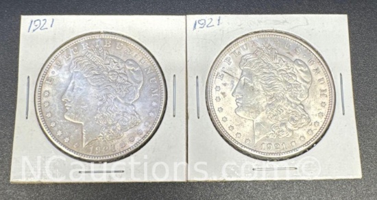 2 1921 Morgan Silver Dollars 90% Silver Coins 56 Grams