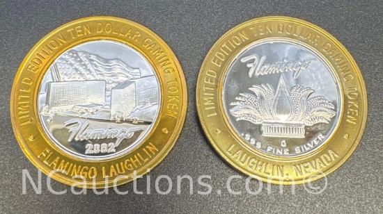 2 Limited Edition Flamingo .999 Fine Silver $10 Gaming Token Coin 75 Grams