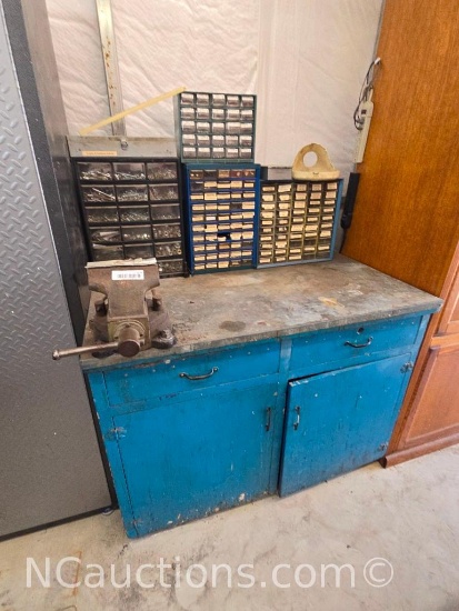 Tool Bench with vice, drill bits, taps and contents