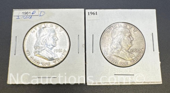 2 1961 Franklin 90% Silver Half Dollars 29 Grams