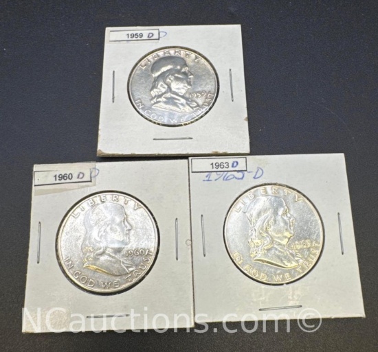 1959-D 1960-D 1963-D Franklin 90% Silver Half Dollars