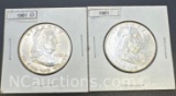 2 Franklin 90% Silver Half Dollars 1961