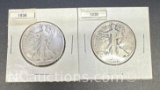 2 1936 Walking Liberty 90% Silver Half Dollars 28 grams