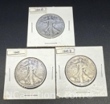 3 1945 D-S Walking Liberty 90% Silver Half Dollars 44 Grams