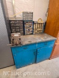 Tool Bench with vice, drill bits, taps and contents