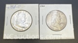 2 1961 Franklin 90% Silver Half Dollars 29 Grams