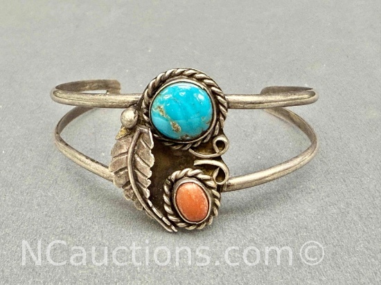 Sterling Silver Turquoise and Coral Cuff Bracelet 13g