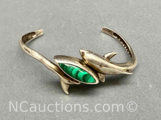 Sterling Silver Malachite Dolphins Bracelet 13g