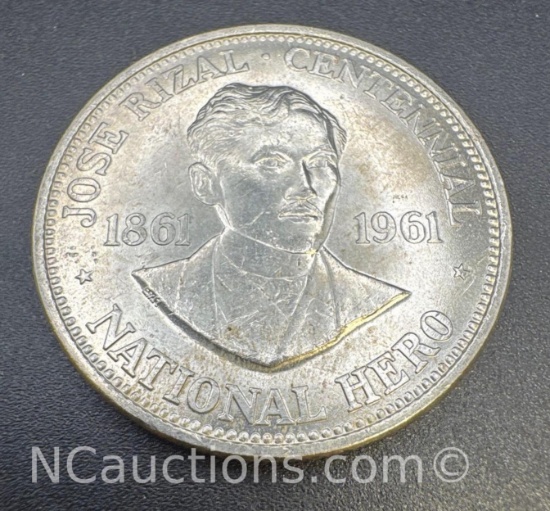 1961 Jose Rizal 90% Silver Dollar Coin 26. Grams