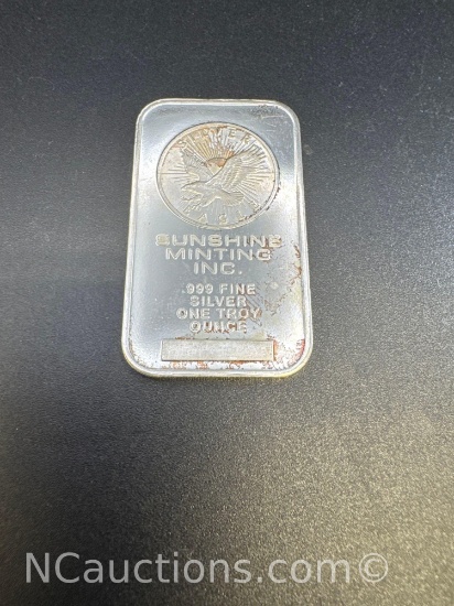 Sunshine Minting 1 Troy Oz .999 Fine silver Bullion Bar