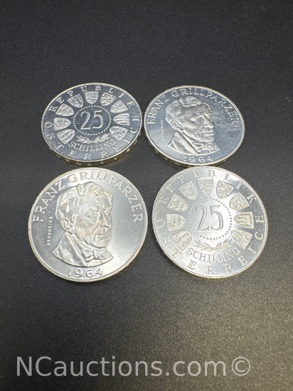 Franz Grillparzer 25 Schilling 80% Silver Coins