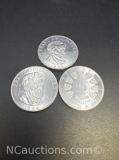 1964 Franz Grillparzer 25 Schilling 80% Silver Coins