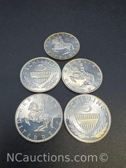 1965 Austria 5 Schilling 64% Silver Coins
