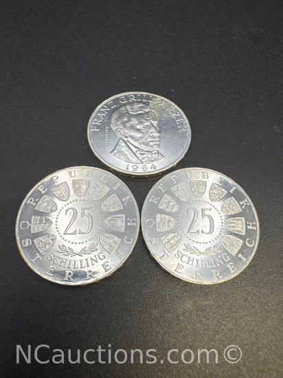 1964 Franz Grillparzer 25 Schilling 80% Silver Coins