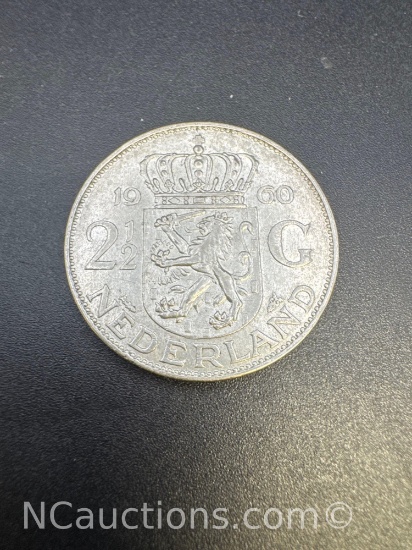 1960 Netherlands 2 1/2 Gulden 72% Silver Coin