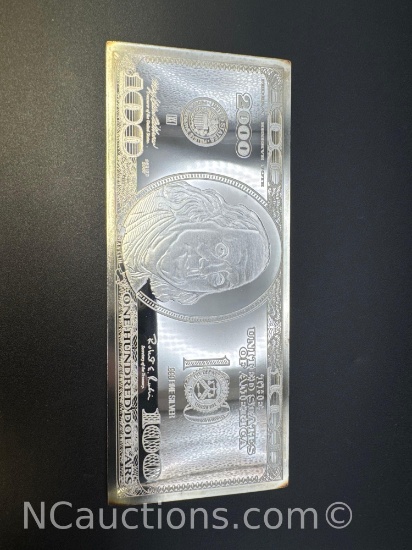 2000 4 Troy Oz .999 Fine Silver $100 Bill Bullion Bar