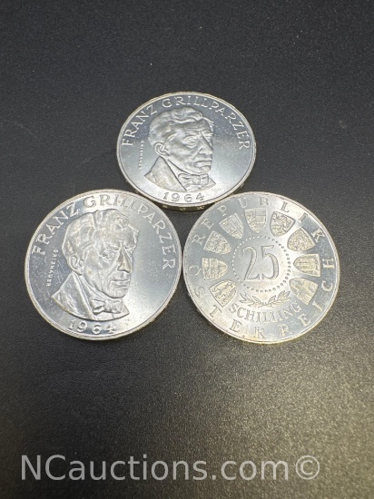 1964 Franz Grillparzer 25 Schilling 80% Silver Coins