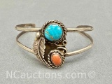 Sterling Silver Turquoise and Coral Cuff Bracelet 13g