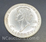 1993 Thomas Jefferson 250th Anniversary 90% Silver Dollar Coin With COA 26. Grams