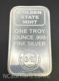 Golden State Mint 1 Troy Oz .999 Fine Silver Bullion Bar