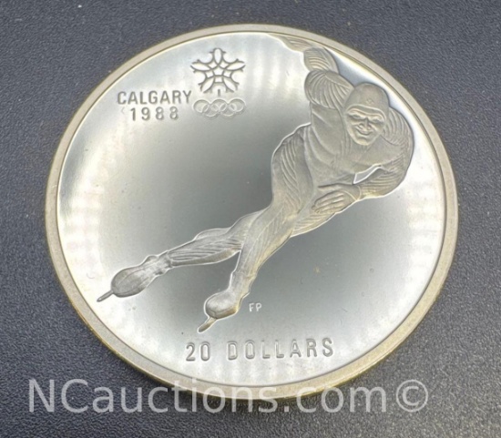 1988 Calgary Olympics Speed Skating 90% Silver $20 Coin 34 Grams