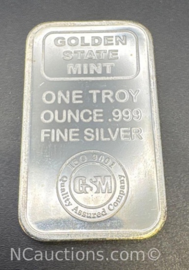 Golden State Minting 1 Troy Oz .999 Fine Silver Bullion Bar