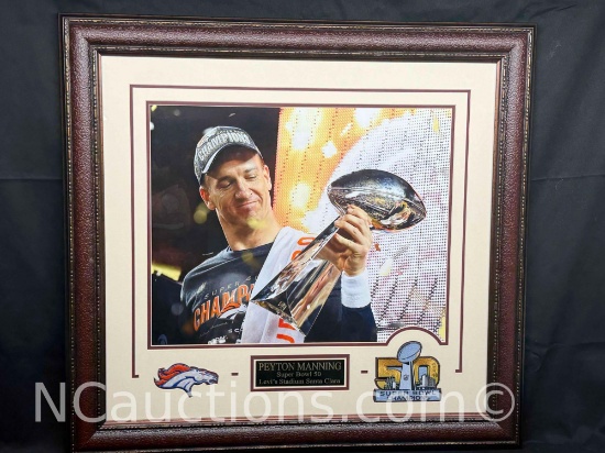 Framed Peyton Manning Super Bowl 50 photo with patches 28x30
