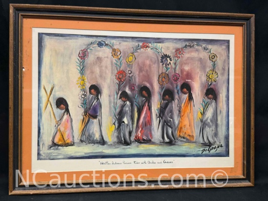 Framed Print Art by Ted DeGrazia Heathen Indians Receive Kino with Arches and Crosses"