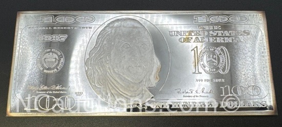 1997 4 Troy Oz .999 Fine Silver $100 Bill Bullion Bar