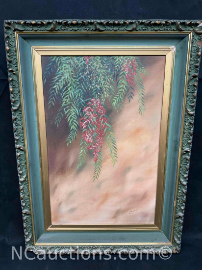 Oil painting of pepper tree branch signed by K. Thompson 17x23