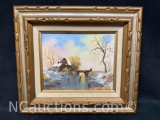 Framed Art Thomas Grilli palette knife oil painting of four skaters on a frozen river by an old b...