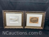 Pair of framed yellowed color prints 1829 print showing Bath ,Westminster Abbey 1740