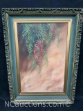 Oil painting of pepper tree branch signed by K. Thompson 17x23