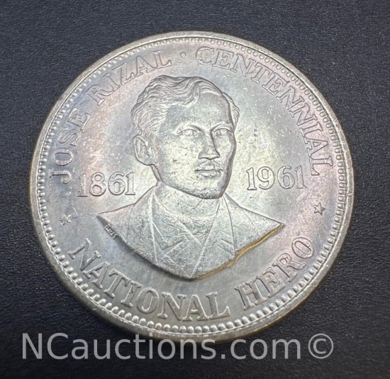 1961 Jose Rizal One Peso 90% Silver Coin 26 Grams