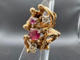 Vintage 14kt Gold Pink Sapphire Diamond Cluster Ring 10 Grams Size 6.5