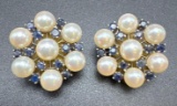 14kt White Gold Blue Sapphire Pearl Clip On Earrings 10.6 Grams