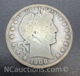 1908-O Barber 90% Silver Half Dollar Coin 11 Grams
