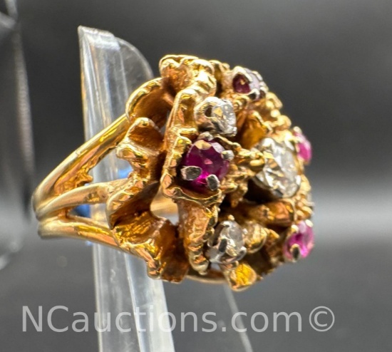 Vintage 14k Gold Brutalist Ruby Diamond Cocktail Ring 18.7 Grams Size 7