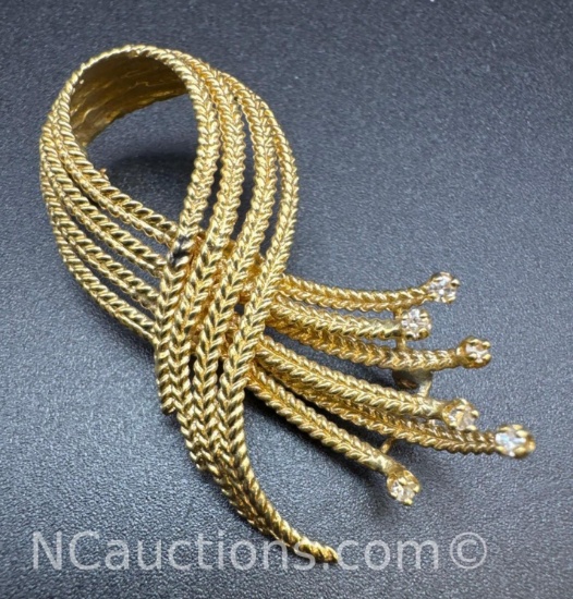 14k Gold Diamond Woven Ribbon Design Brooch Pin 8.2 Grams