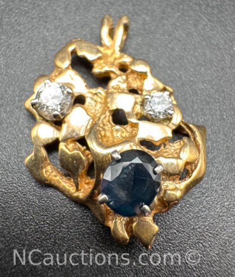 14k Gold Diamond Blue Sapphire Inlay Pendant 5.5 Grams