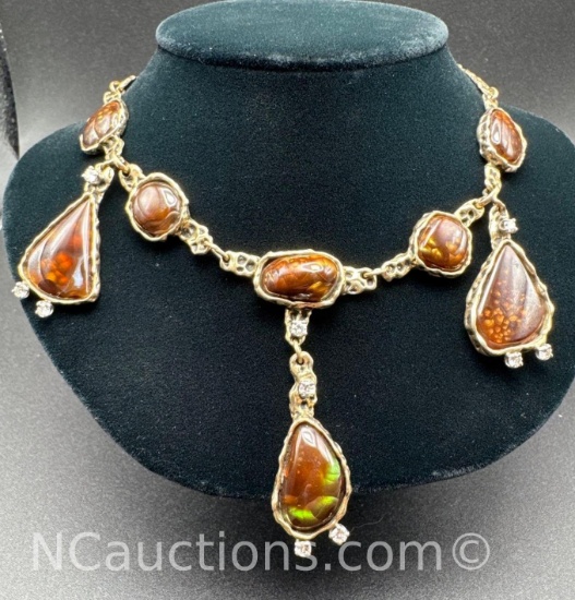 Vintage 14k Gold Fire Agate With Accent Diamond Necklace 60.4 Grams