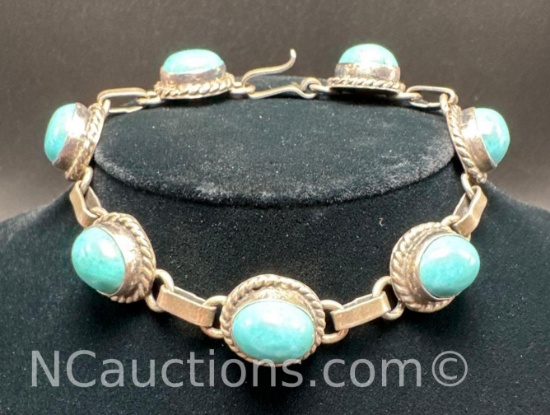 Navajo Sterling Silver Turquoise Link Bracelet 31 Grams