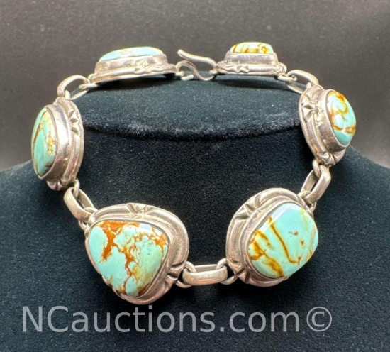 Navajo Sterling Silver Turquoise Link Bracelet 45 grams