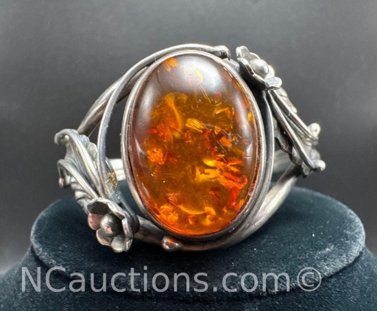 Sterling Silver Amber Flower Leaf Cuff Bracelet 30 Grams