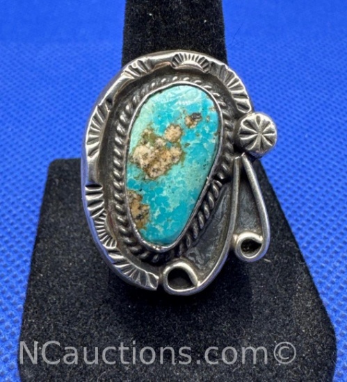 Navajo Sterling Silver Turquoise Engraved Ring 13 Grams Size 7
