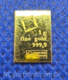 1 Gram 999.9 Fine Gold Bullion Bar